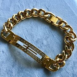 Men’s 8.5” Gold on Stainless Steel Bracelet- Cross with Greek Key on 10mm Cuban Link *Pickup Boca Raton