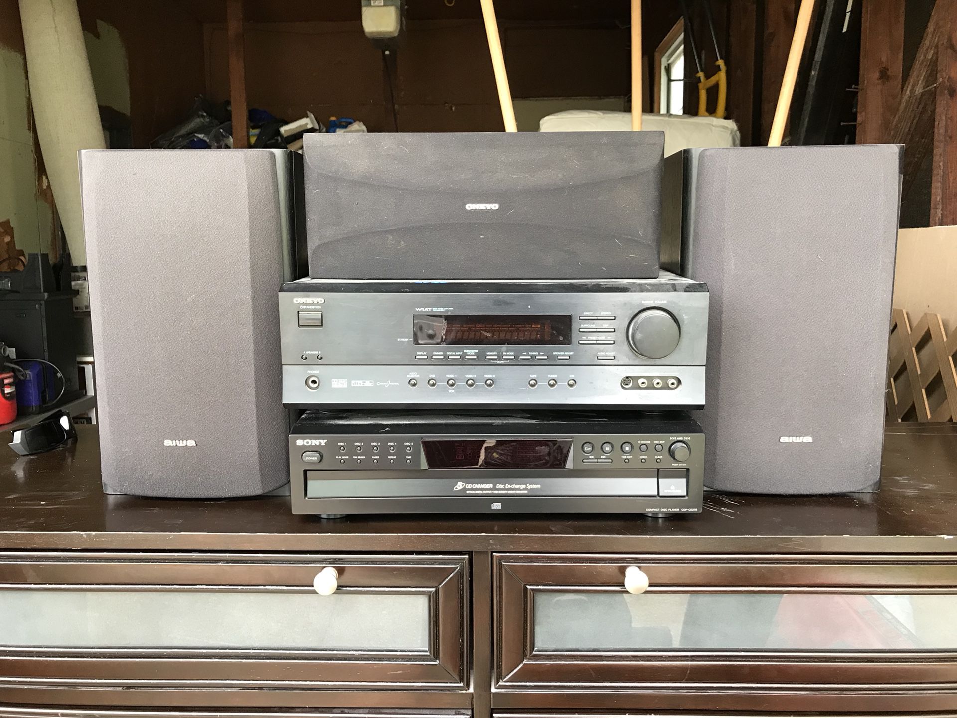 Onkyo receiver, Sony 5 disc changer, speakers and subwoofer.