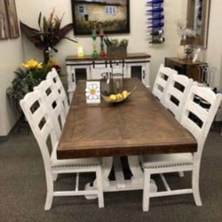 New Brand🌟Farmhouse Style Rectangular Extension Dining Table And Chairs🥂 7 Piece Kitchen -Dining Room Set 💥On Display 🏠 Financing Options 👍