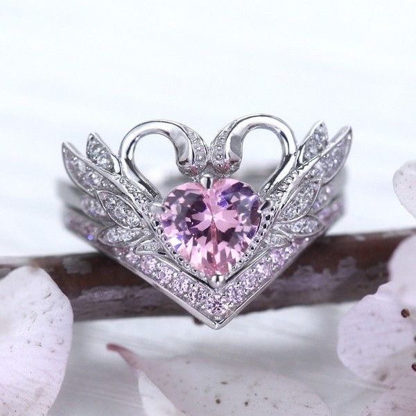 Unique  Sterling Silver Pink Gem Diamond Crown Swan Ring