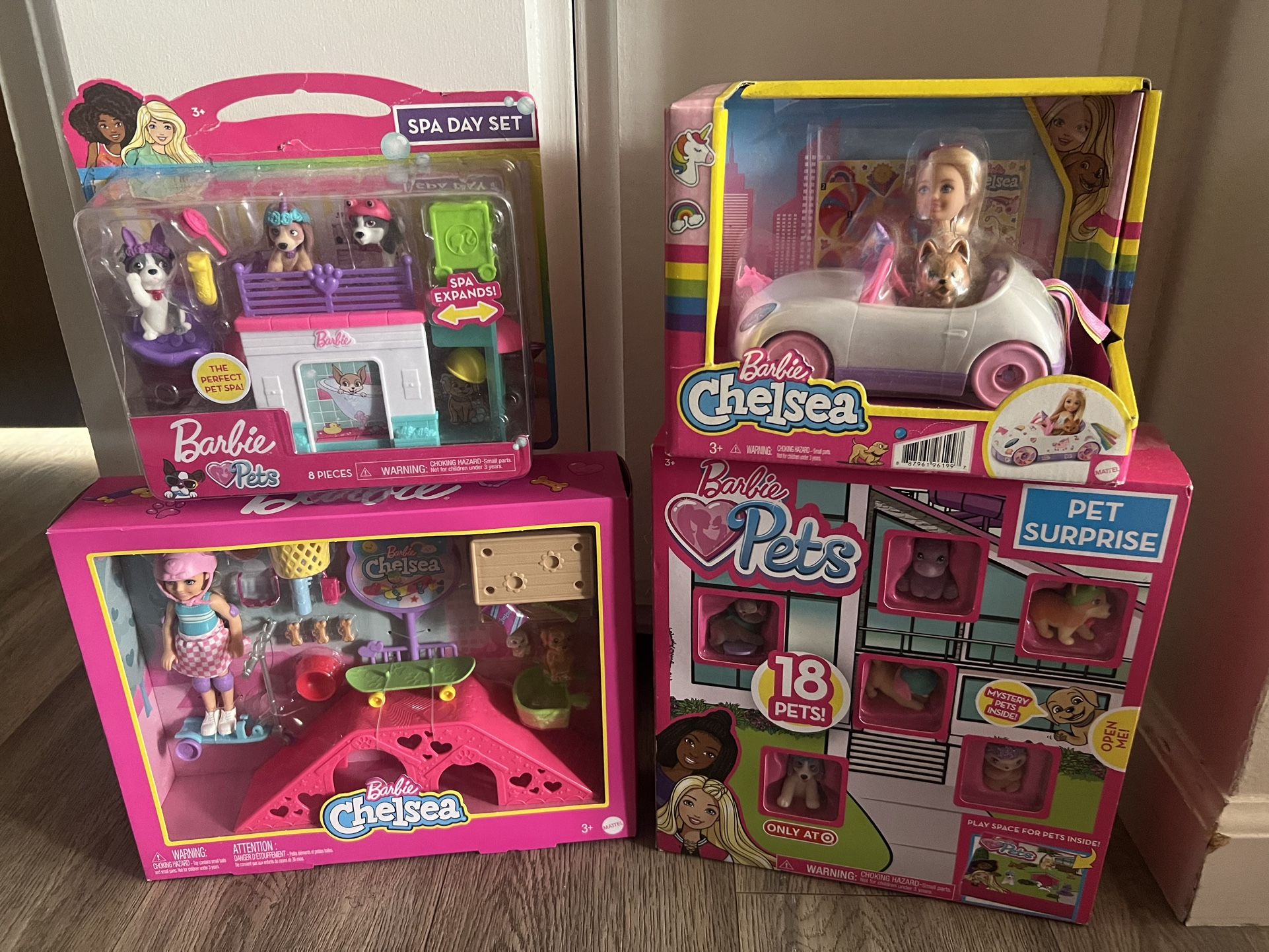 Barbie Pets Spa Day, Chelsea Skate Park, Chelsea Unicorn Toy Car, Pets Deluxe Pet Surprise Toys