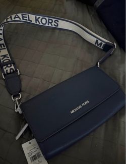 Michael Kors Women Large Jet Set Leather Zip Around Crossbody Purse Bag Navy