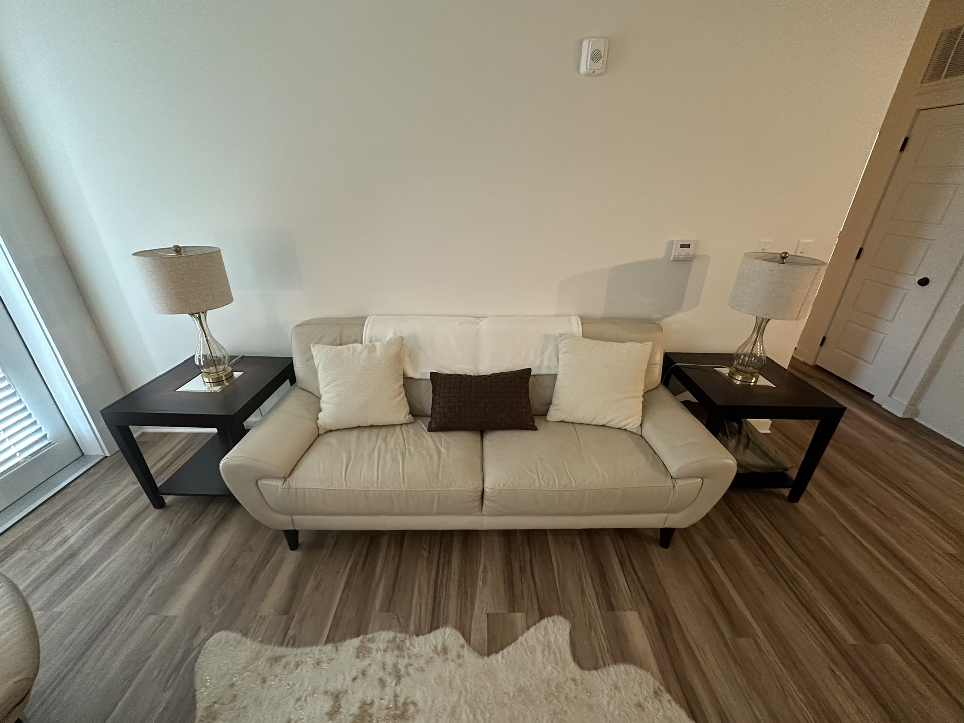 Beige Leather Sofa,  End Tables, and Lamps