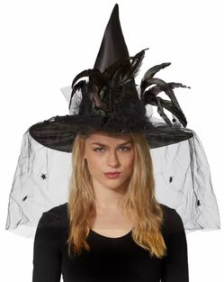Feathered Black Witch Hat NWT Halloween