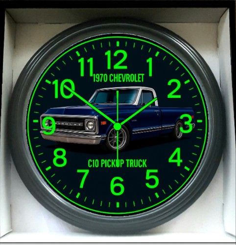 Chevy Short Bed C10 Truck Bagged Garage Shop Glow In The  1970 Chevy Chevrolet C10 Truck Glow In The Dark Wall Clock New! display picture 1