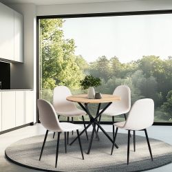 Homy Casa FONTANA+CHARLTON 5PC Dining Set 31.5” Round Table with 4 Charlton Barrel Beige Fabric Chairs