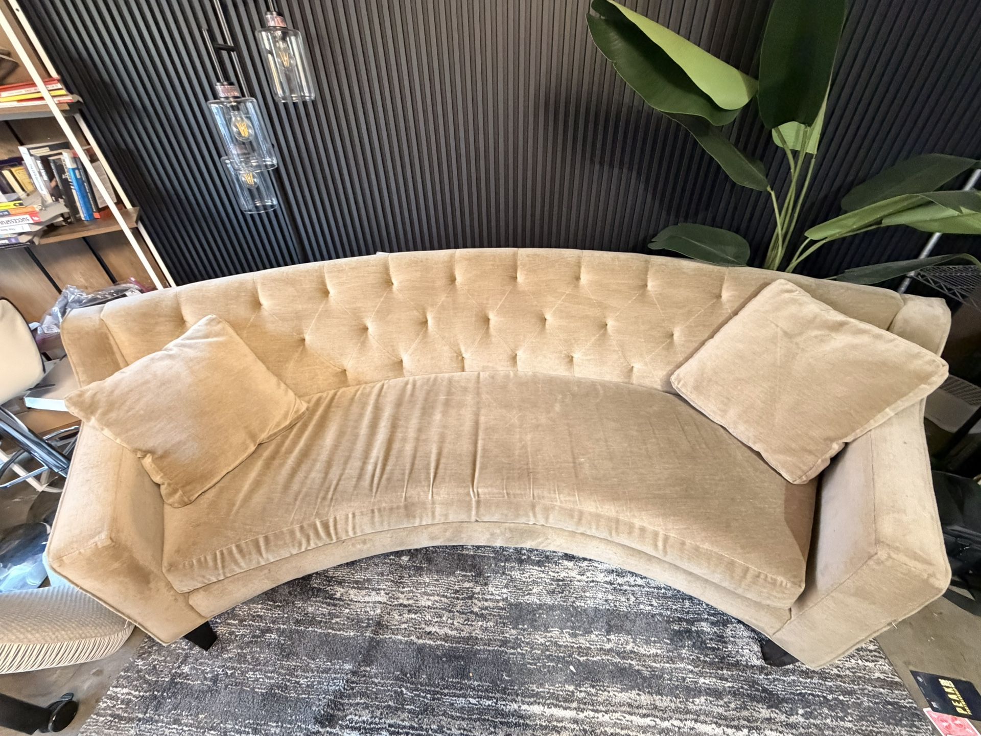 Neutral Crescent Sofa with Tufted Back & Pillows