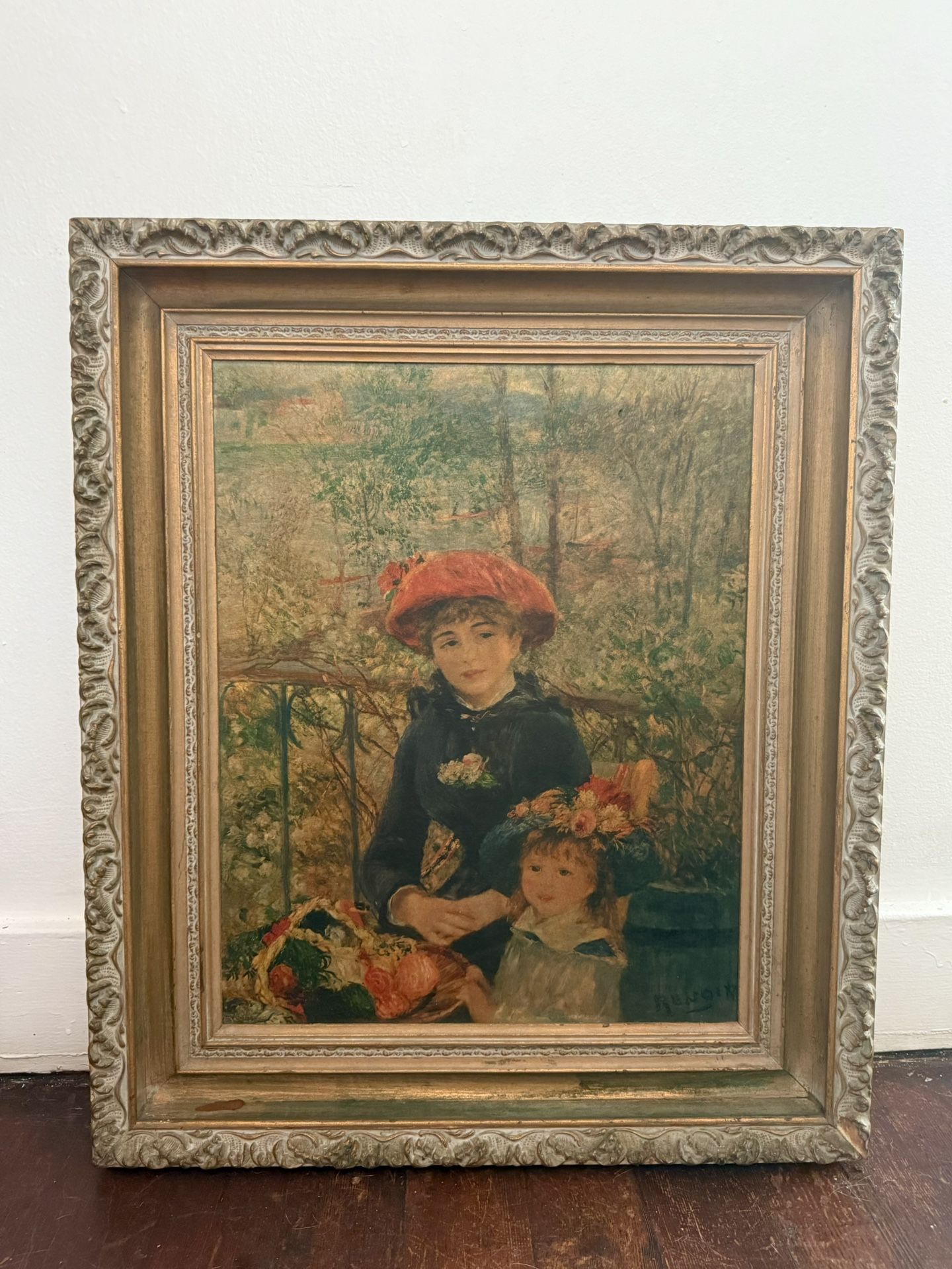 Vintage Renoir Two Sisters On The Terrace Gilt Carved Wood Frame Print On Board