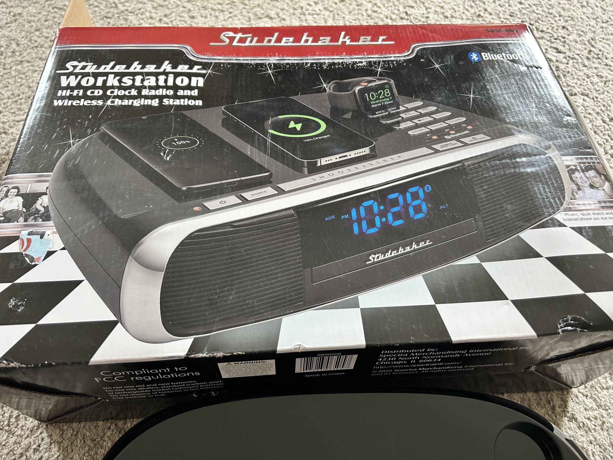 NEW - Studebaker Workstaton HiFi Music System with Bluetooth, FM Radio, CD, and Qi Wireless Charging Station (Black)