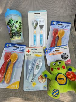Lots Of Baby Flatware, Cup, Thermometer Frog Rattle 