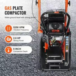 101】Plate Compactor, 2.8 HP 98CC Gas Engine 5,250 RPM, 1,920 lbs Force Vibratory Compaction Tamper with 18.7 x 11.8 inch Plate for Walkways, Patios, A