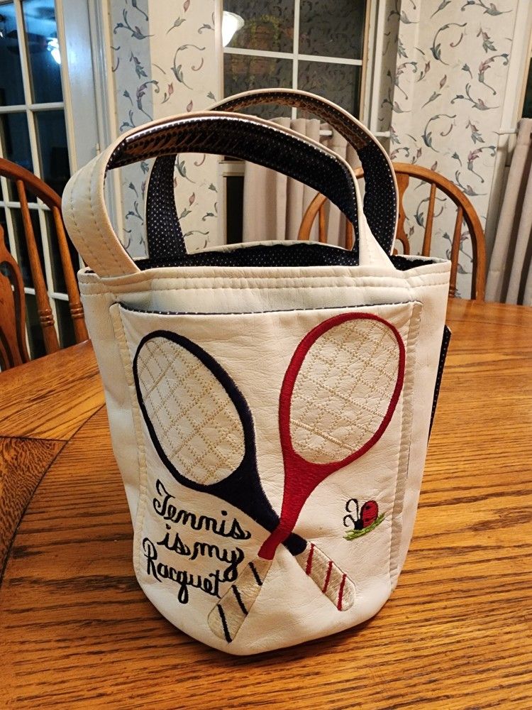 Handmade Vintage Tennis Rackets Top Handle Tote Bag Vinyl Emroidered Handbag