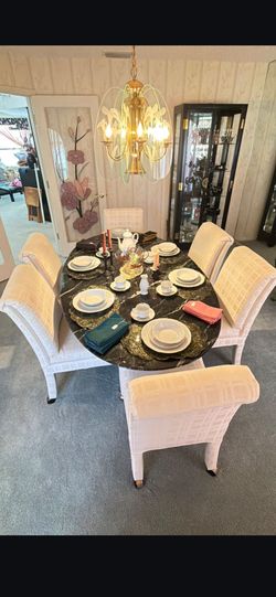 Round Marble-Top Dining Table with 6 Chairs