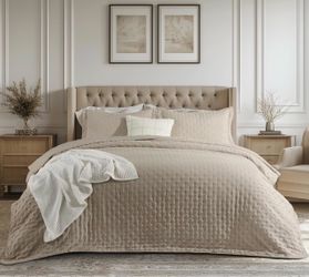 Queen Size Taupe Quilt Bedspread Lightweight Comforter, Modern Farmhouse Coverlet