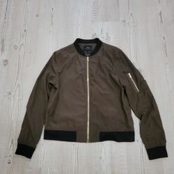 Zara Khaki Olive Brown Bomber Jacket with Black Trim