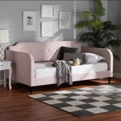 Modern and Contemporary Light Pink Velvet Fabric and Dark Brown Finished Wood Twin Size Daybed