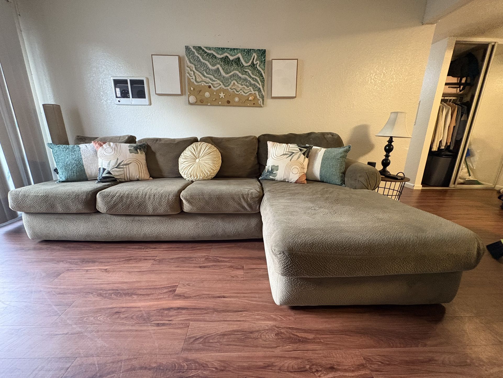 🛋️✨ Moss-Taupe Suede L-Shaped Sectional Sofa w/ Chaise — Warning: You May Never Want to Get Up 😆