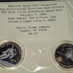 Two-coin set from the American Space Coin Collection. 
Content: Features two uncirculated, colorized United States Kennedy half-dollar coins. 
Themes: