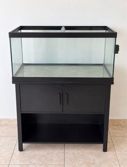 Large Glass Aquarium with Black Cabinet Stand