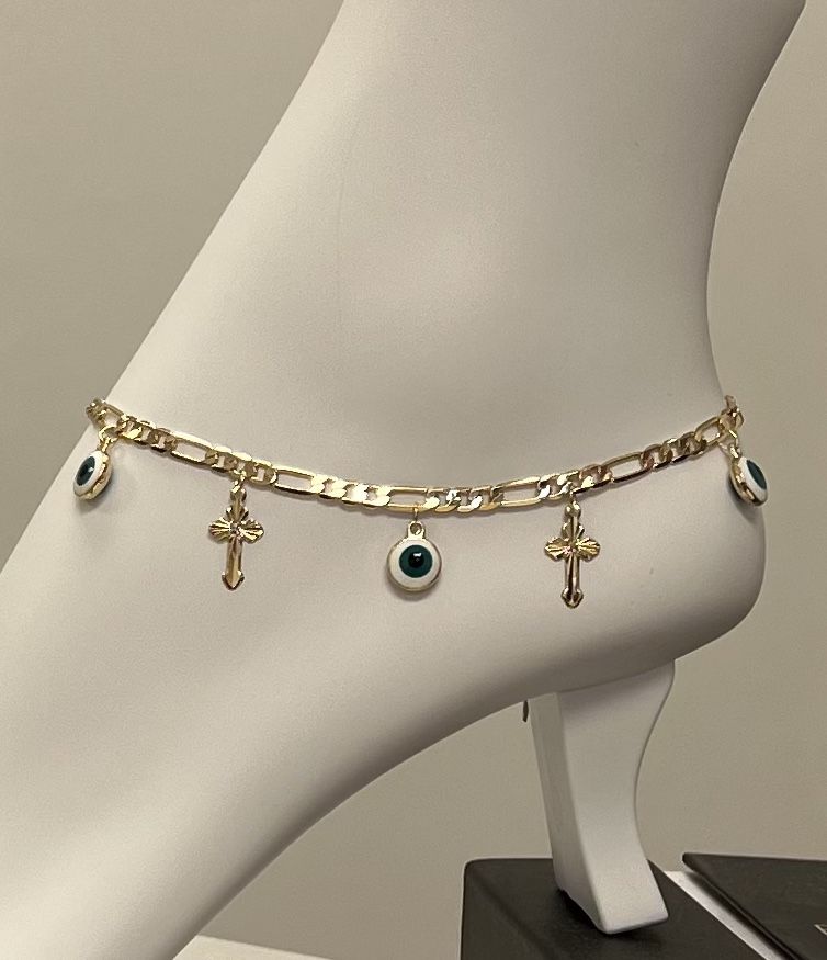 14k Gold Filled Protection Crosses And Eyes Charms Anklet Best Quality Guarantee ‼️