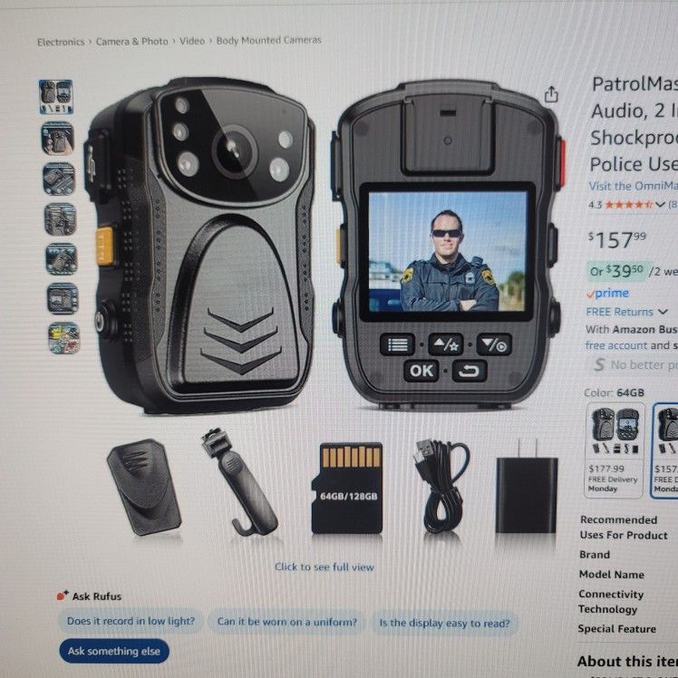 PatrolMaster 1296P UHD Body Camera with Audio, 2 Inch Display, Night Vision, Waterproof, Shockproof, Body Worn with Compact Design, Police Use (64GB)