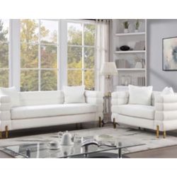 Luxurious! 2-pc Sofa Set White Boucle Fabric With Gold Plated Steel Legs
