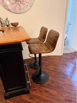 Set of 2 Luxurious Brown Leather Adjustable Swivel Bar Stools by Mercury Row Rawlinson