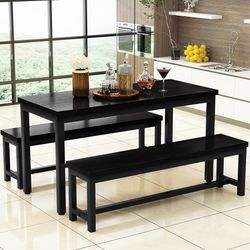 Dining Table Set for 4, Kitchen Dining Table with 2 Benches, Dining Room Table Set with Metal Frame & Thickened Board for Kitchen, Restauran