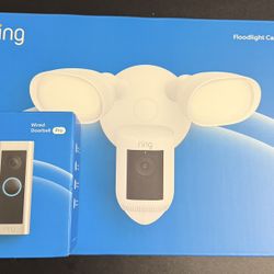 Ring Floodlight Cam Pro 2K Ring Vision, 2 LED Lights Wi-Fi & 3D Motion White + Ring Wired Doorbell
