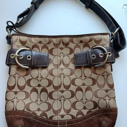 GENUINE COACH MONOGRAM CANVAS SHOULDER BAG ADJ. STRAP W/SUEDE 11"x11" EXCELLENT CONDITION 