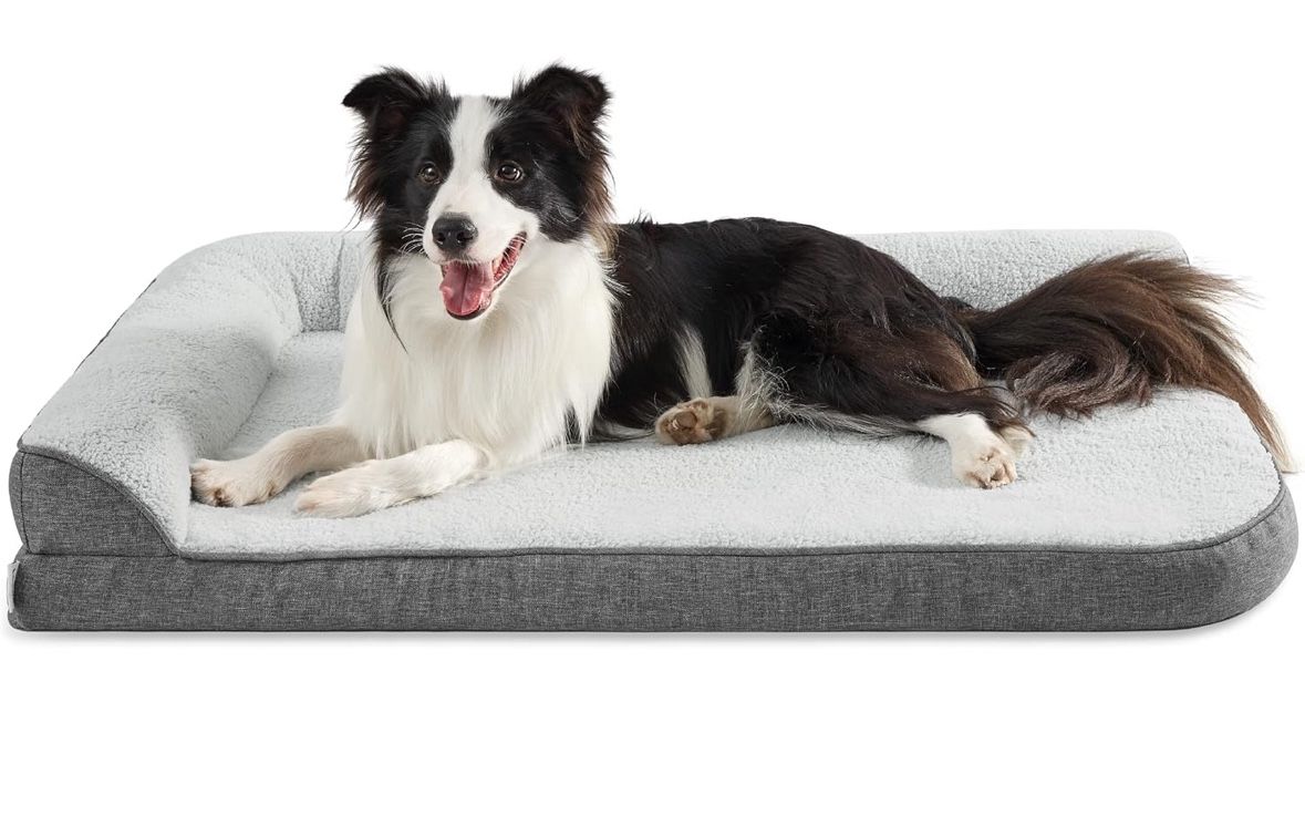 Orthopaedic Dog Bed for Large Dogs - 106.6 x 76 x 16.5 cm Dog Sofa with Egg-shaped Crate Foam and Waterproof Lining, Cosy Washable Dog Couch Bed, Grey