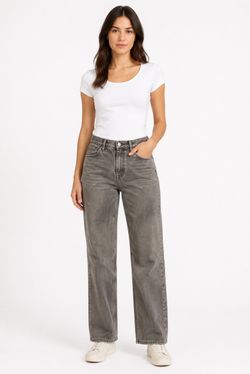 Gray Five-Pocket Straight-Leg Jeans With Staining