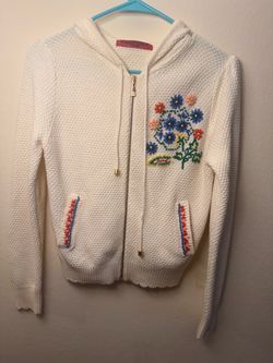 Anna Sui White Knit Zip-Up Hoodie with Floral Embroidery