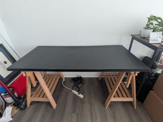 Modern Adjustable Drafting Desk – Black Top & Natural Wood Trestle Legs