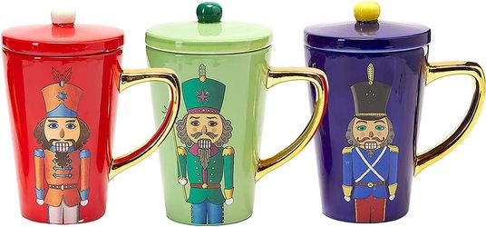 The Nutcracker Decorative Holiday Mug with Lid – 16oz Ceramic Christmas Coffee Cup (Blue)