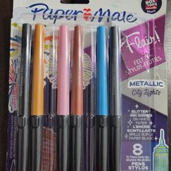 Paper Mate Flair Metallic Felt Tip Pens, City Lights, Glitter Ink on White Paper, Assorted Colors, 6 pieces