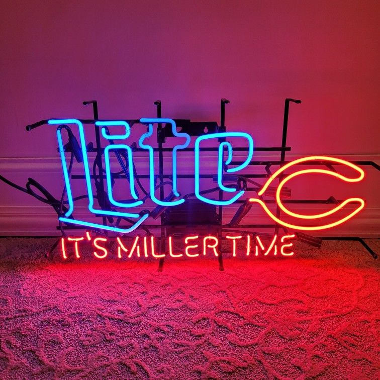 It's Miller Time Miller Lite Beer and Chicago Bears Logo Neon Sign