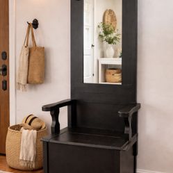 Vintage Black Hall Tree with Mirror, Coat Hangers and Storage
