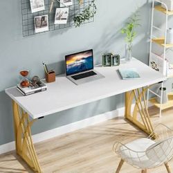 Simple Style Computer Desk, 55''Study Laptop PC Table with Gold Legs, Industrial Makeup Vanity Table with Thicken Frame, Sturdy Writing Workstation, C