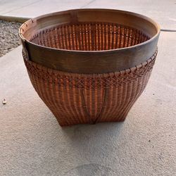 Vintage Hand Woven Rattan Basket with Bamboo Rim,