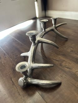 Rustic Deer Antler Silver Metal Candle Stick Holder Buck Antler Cabin Decor