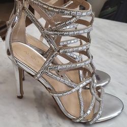 Metallic Silver With  Baguettes Stapped High Heel Sandals
