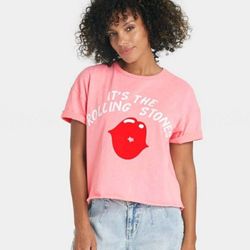 THE ROLLING STONES Pink White Red Lips Raw Hem Graphic Short Sleeve Band Tee