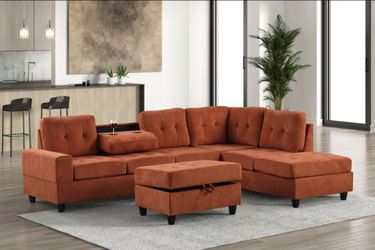 New Orange Plush Sectional with Cupholders