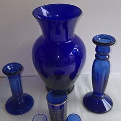 Cobalt Blue Glass Decor Set – Vase + Candlesticks + Glasses
