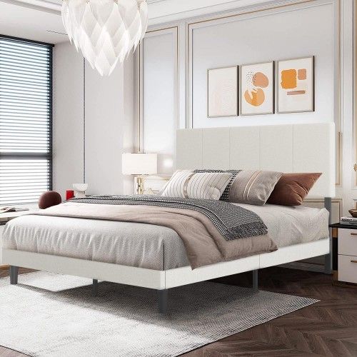 *Brand New* Full Platform Bed Frame, Fabric Upholstered Bed Frame, Beige (Mattresses Available!)
