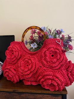 Bag red flowers luxury / handmade crochet one of a kind exclusive