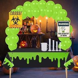 New 41 Pcs Halloween Mad Scientist Party Decoration Kit Include Chemistry Lab Backdrop Green Ghost Tablecloth Graduated Cylinder Beakers Balloon Chemi