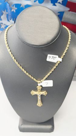 14k 22inch 3.3mm Solid Rope Chain With 14k Cross Pendant