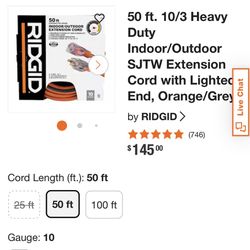 Rigid 10 Guage Extension Cord 50foot